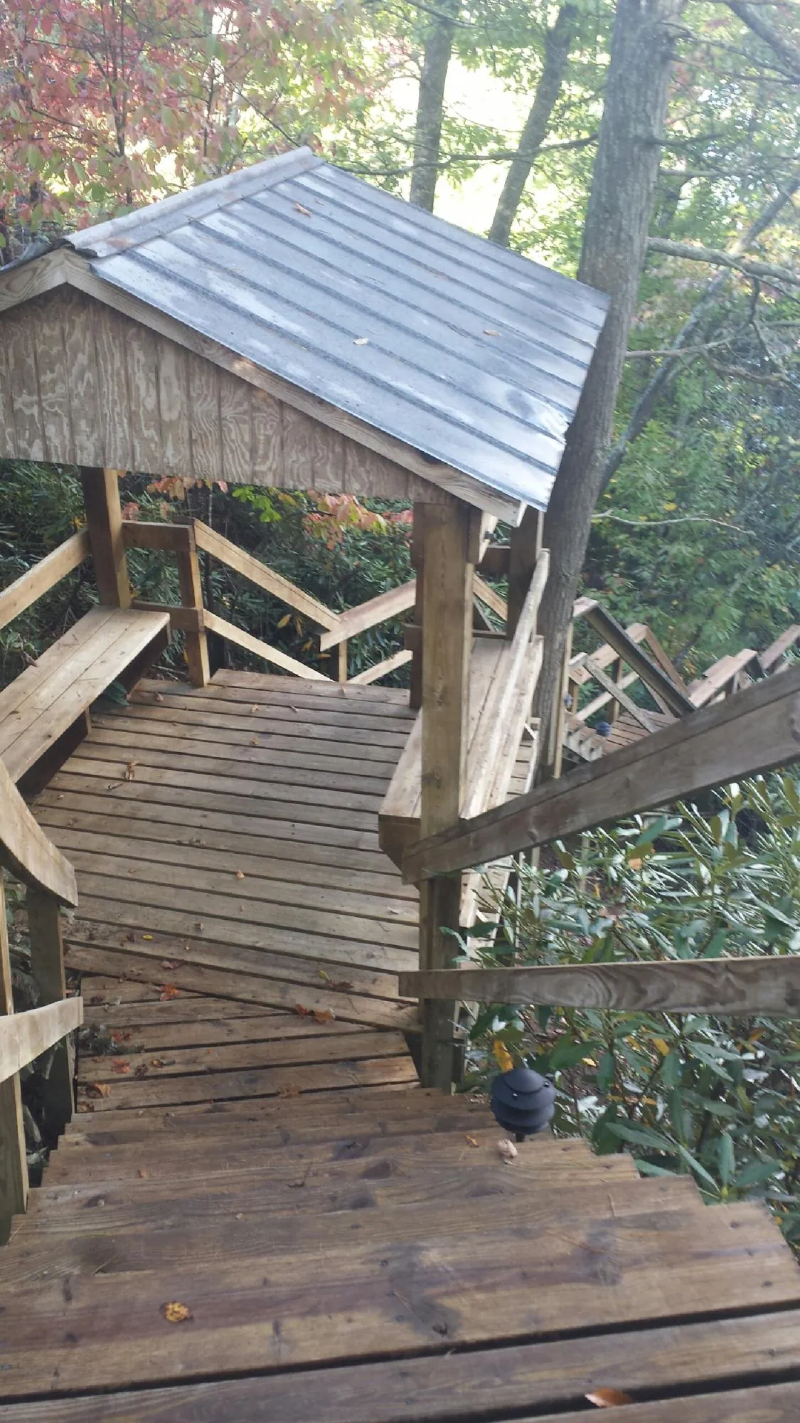 Metal roofed shelter over wooden steps on a wooded walkway — Skylight Repair & Installation work by our crew in Yutan